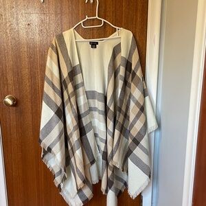 Simons Cream and Brown Plaid Open-Front Poncho